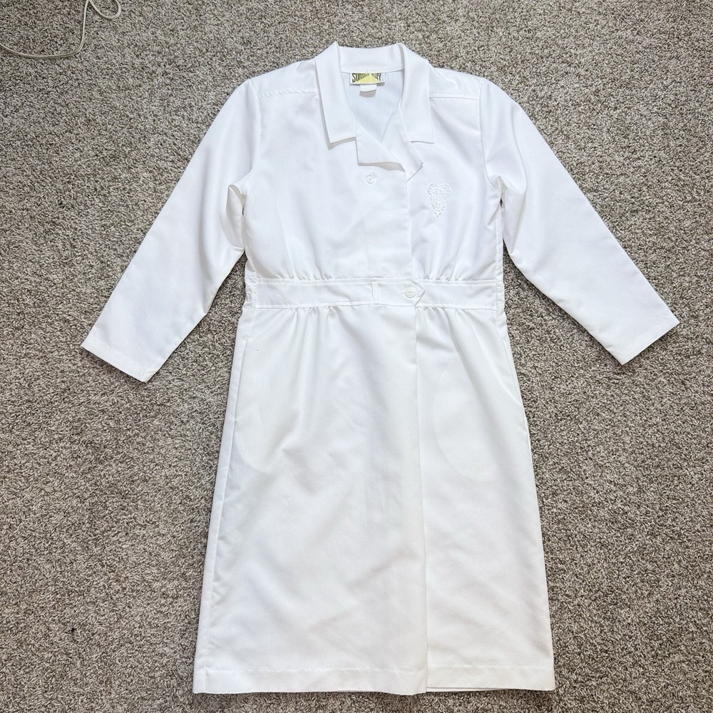 VTG 70s Sunshine Alley Womens 14 White Cotton Midi Dress Lace Heart Nurse USA